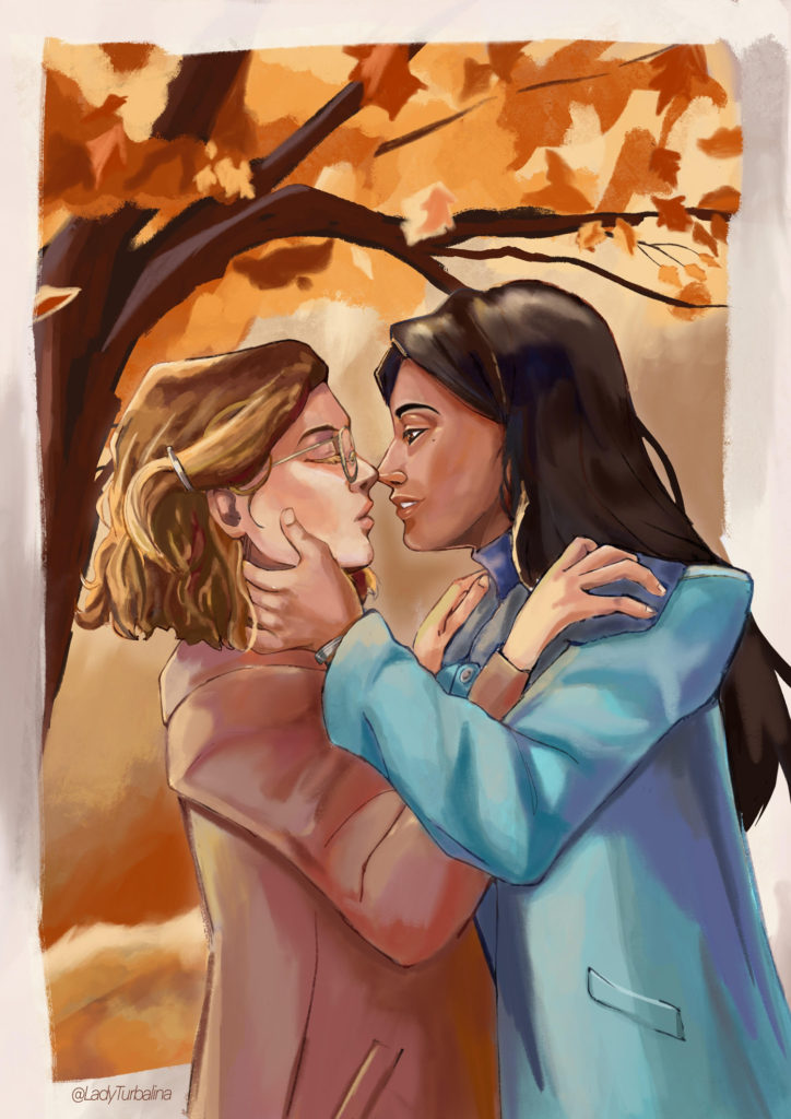 Fanart de Elena y Lila de La amiga estupenda inspirado en el fanfic A través de la madrugada. Lila toma a Elena del rostro y está a punto de darle un beso en los labios. Ambas llevan abrigos largos. Detrás de ellas, un árbol con las hojas anaranjadas.