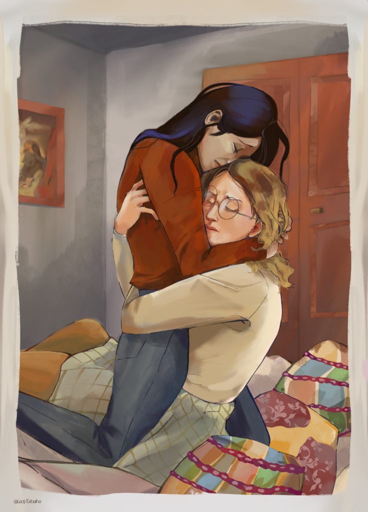 Fanart de Elena y Lila de La amiga estupenda inspirado en el fanfic La hora del lobo. Están sentadas sobre una cama y se abrazan fuerte con desesperación, el gesto es de angustia. En la pared hay una copia del cuadro Fausto y Mefistófeles, de Delacroix.